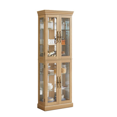 Illuminated Glass Display Cabinet With Wood Frame, Adjustable Shelves, And LED Lighting For Living Room Or Kitchen – Elegant Curio Cabinet For Collectibles And Décor