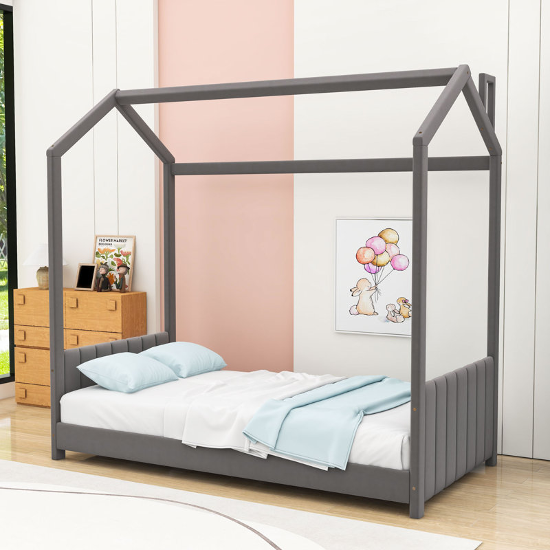 Velvet House Bed With Playhouse Design And Slats, Twin, Gray