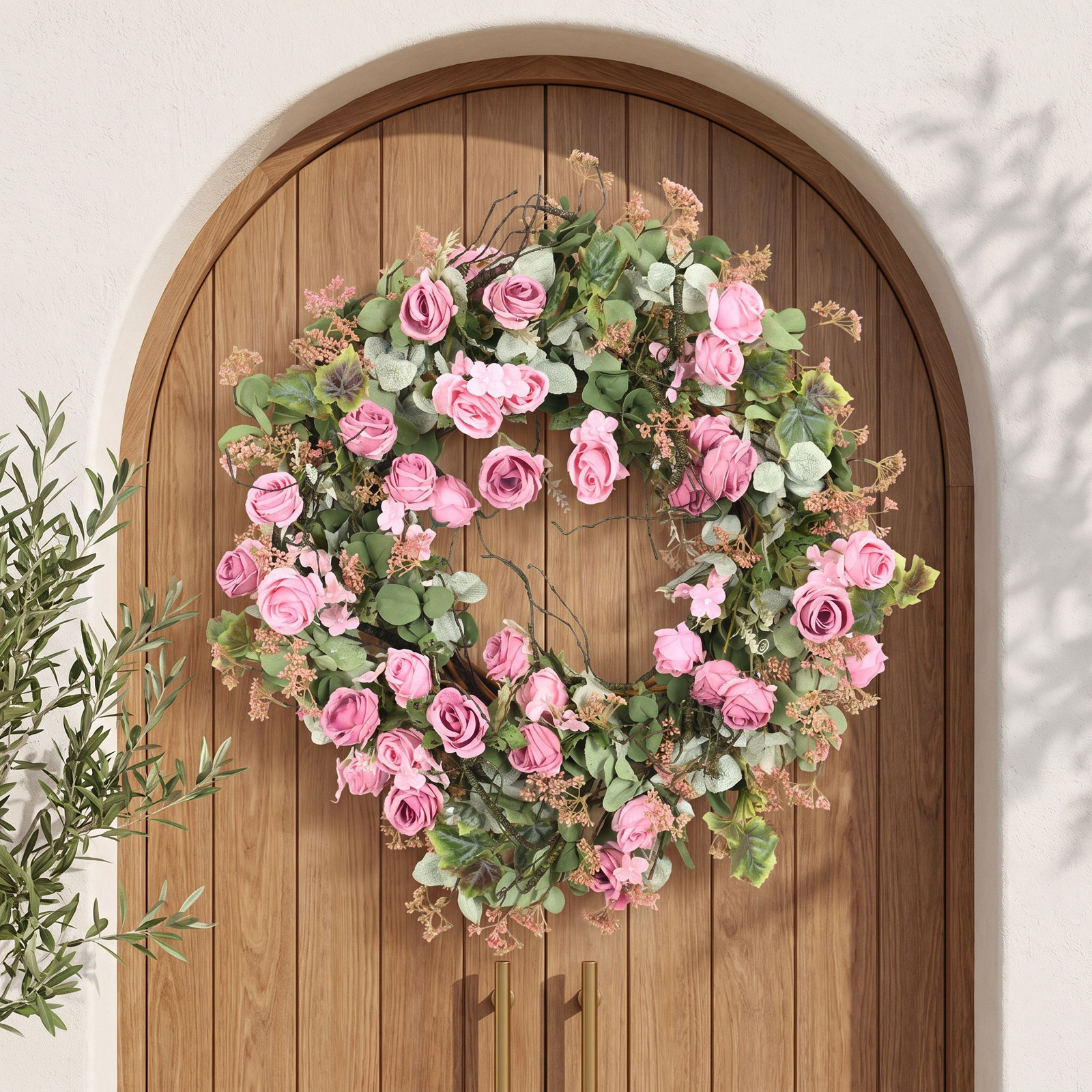 26" Artificial Farmhouse Twig Greenery Eucalyptus Ivy Berry Roses Spring Summer Front Door Wreath