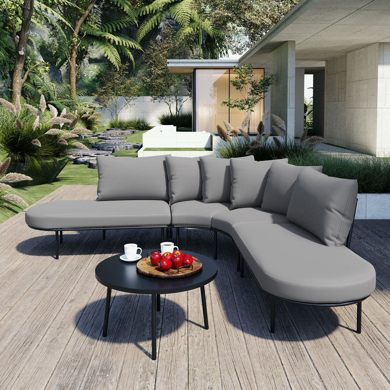Half- Moon Curved Outdoor Sofa Set with Coffee Table and Backrest Cushions, Grey