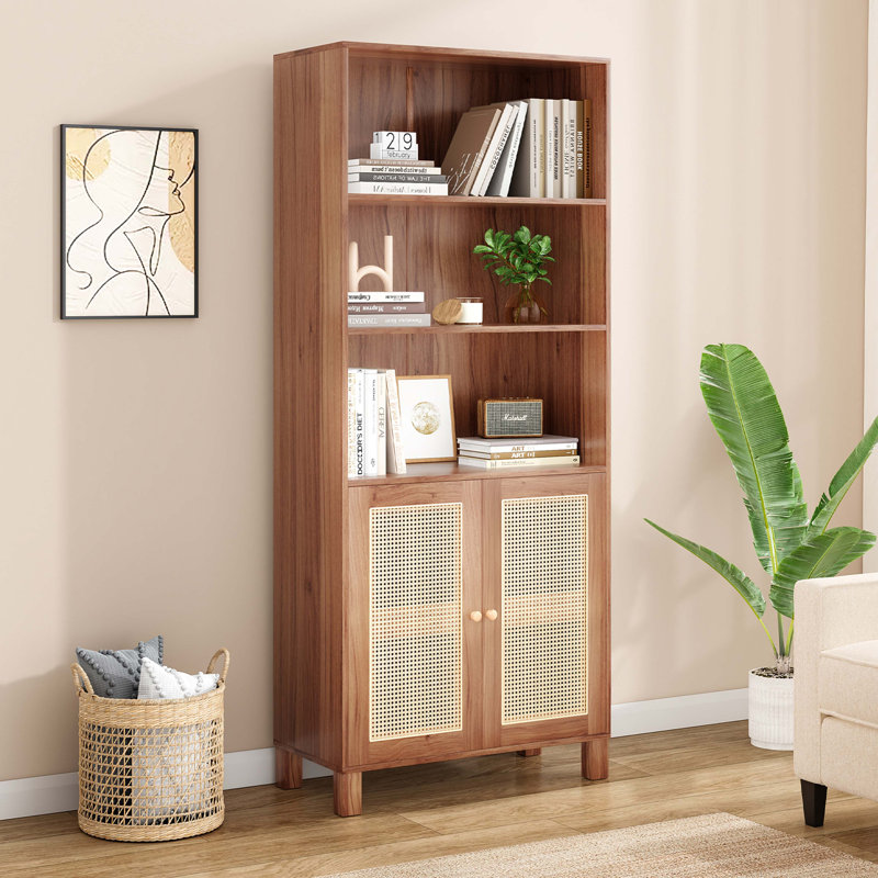 Tall Bookcase With Rattan Doors,5 Tier Storage Wood Shelves Large Bookshelf For Library Living Room Bedroom Home Office