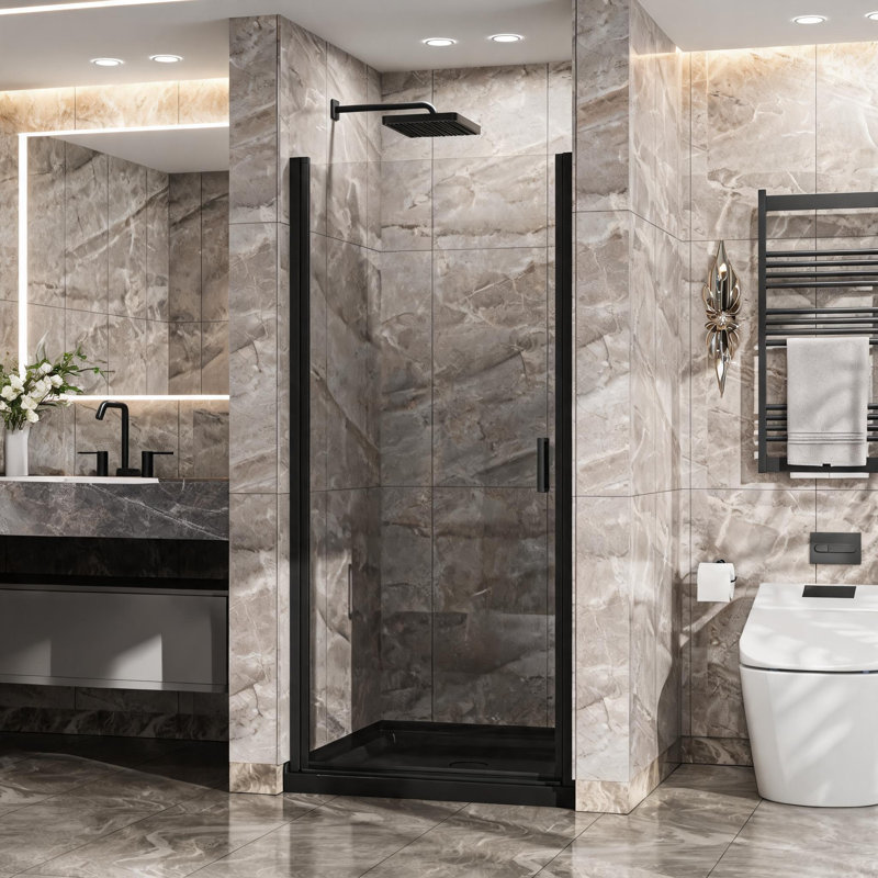 Porte de douche pivotante en verre trempé noir de 86 cm x 183 cm avec design semi-sans cadre