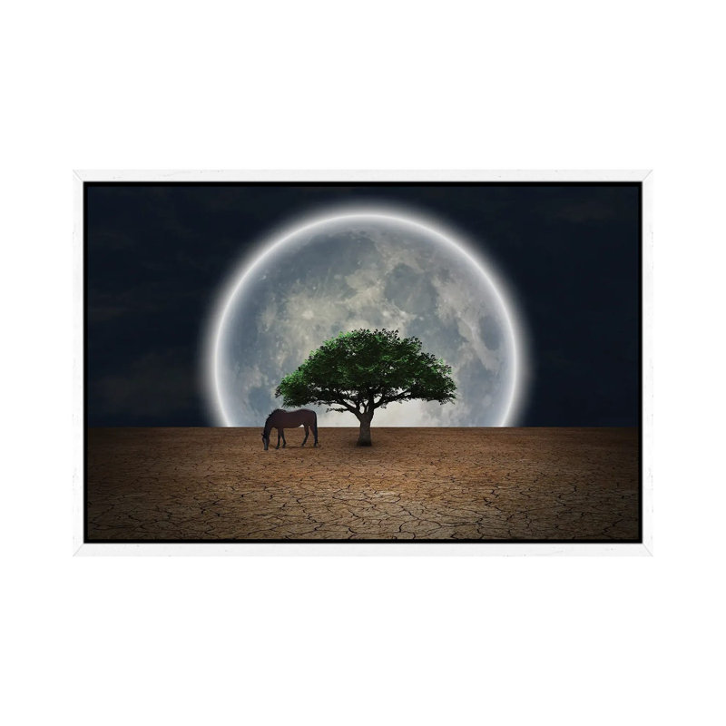 Surrealism Horse Grazes Near Green Tree In Arid Land Full Moon At The Horizon 1 Piece Wall Art on Canvas, White Framed