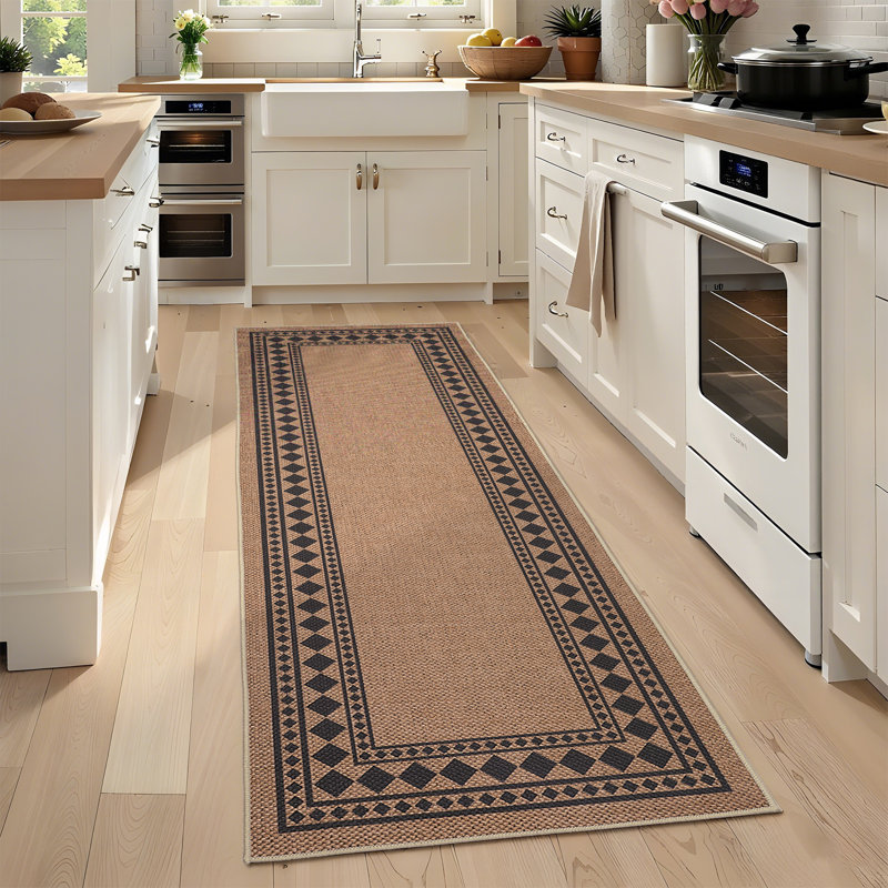 Modern Easy Jute Rug Machine Washable Geometric Bordered Indoor Outdoor Carpet with Non-Slip Backing, Non-Shedding Floor Cover for Backyard, Bedroom, Patio