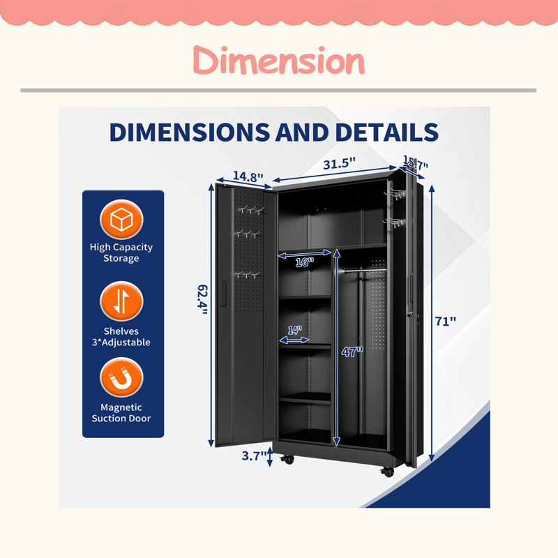 Rolling Metal Storage Locker Cabinet With Lockable Doors - 71" Freestanding Steel Wardrobe For Home, Office, School, Employee, Gym & Fire Department