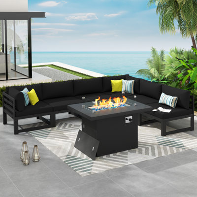 Ensemble de conversation modulaire d'extérieur en aluminium 7 pièces pour 6 personnes Tuyen avec table de foyer d'extérieur de 60 000 BTU et coussins en mousse haute résilience de 4 po
