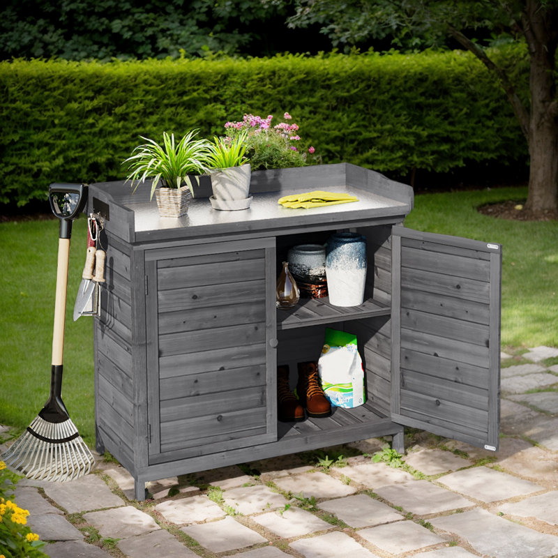 Banc de rempotage rustique en bois avec plateau galvanisé, rangement à 2 niveaux et crochets latéraux, Gris