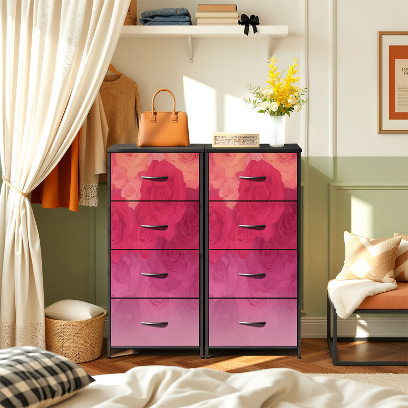 Commode pour la chambre à coucher avec 4 tiroirs de rangement Doux roses rouges et roses Blooming Gradient Commode Commode en tissu avec cadre en acier pour vestibule