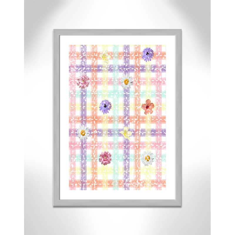 Impression sur papier à carreaux unique avec fleurs, H 36,5 po x l 26,5 po x P 0,625 po, Encadré plat argent