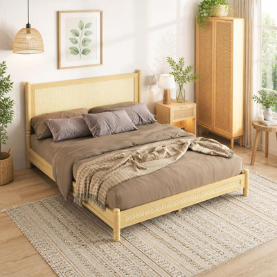 Rattan Bed Frame with Headboard and Footboard, Bohemia Wood Bed Frame with Turned Legs, Woven Cane Platform Bed, No Box Spring Needed, Easy Assembly