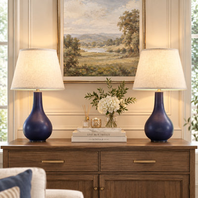 Ensemble de 2 lampes de table en céramique bleue de 45,7 cm (18 po), lampes de chevet à brancher de style campagnard avec abat-jour en lin naturel pour chambre à coucher, salon ou entrée.