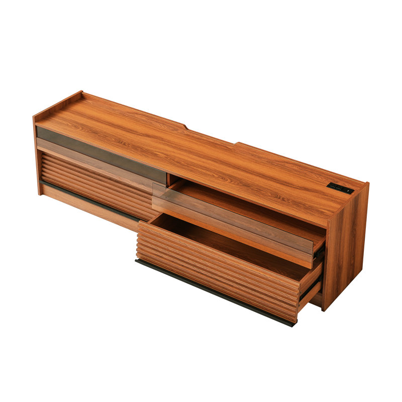 Meuble télé élégant pour le rangement: 4 tiroirs, verre trempé, prises de recharge, table polyvalente à DEL avec espace généreux: points, apaiser