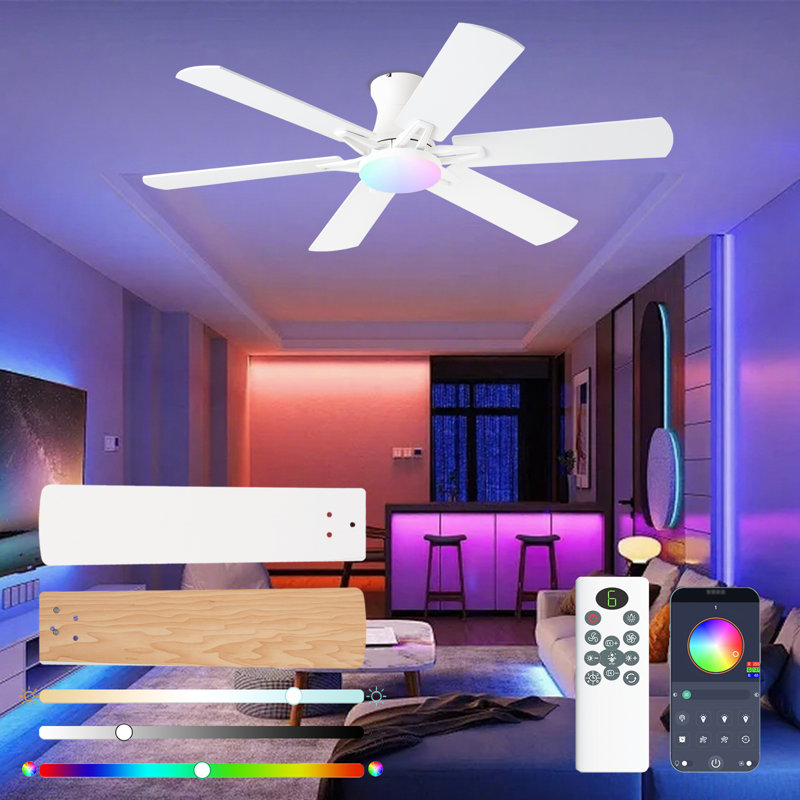 Ceiling Fans with Lights, 52" Flush Mount Ceiling Fan with Light and Remote, Quiet, Reversible, 3CCT, Dimmable, White, RGB, Low Profile Ceiling Fan for Bedroom, Living Room, Indoor/Outdoor Use