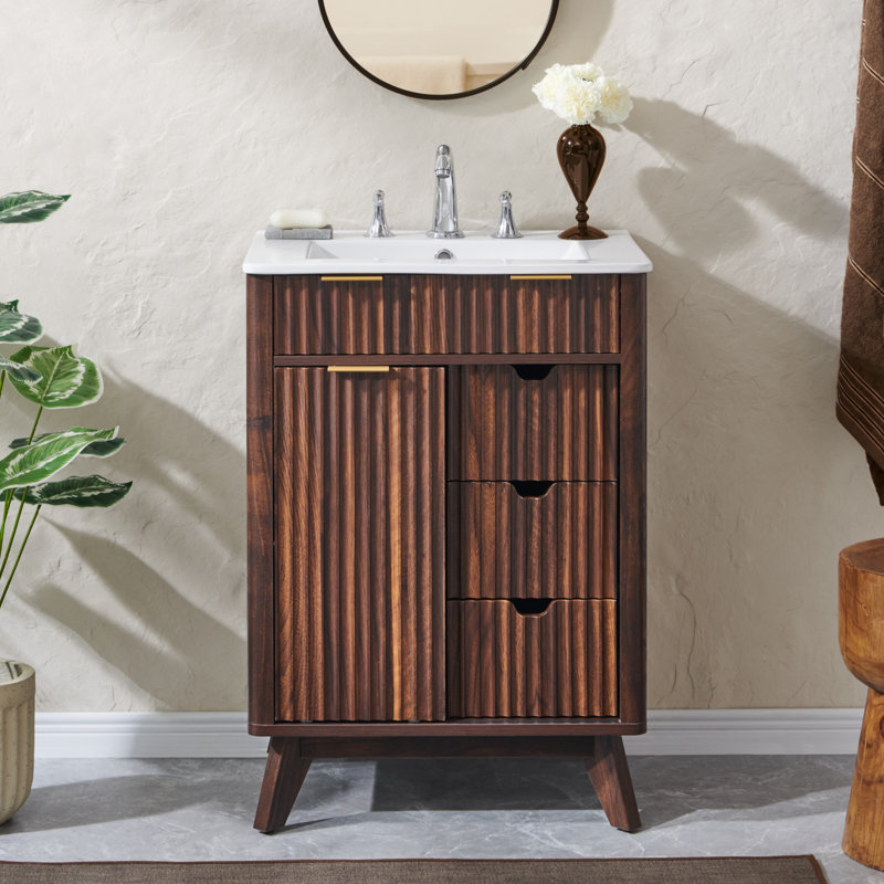 24" Single Bathroom Vanity With Ceramic Sink Top, Soft-close Doors, Walnut