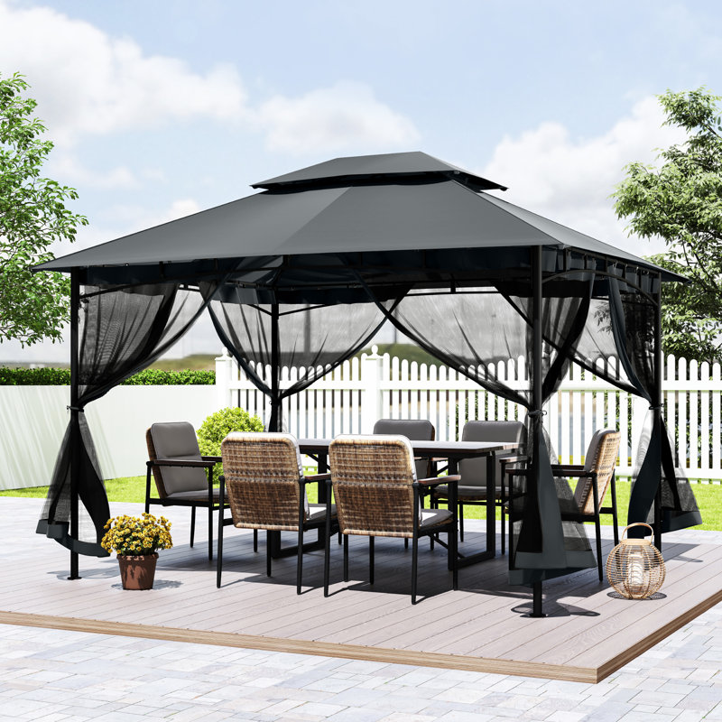 Double Roof Soft Top Metal Patio Gazebo With Netting, Grey, 112.6" H x 141.1" W x 117.5" D