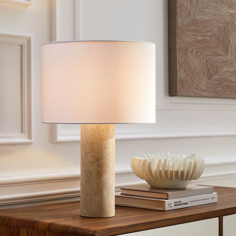 Zenith Travertine Table Lamp With Fabric Drum Shade In Travertine