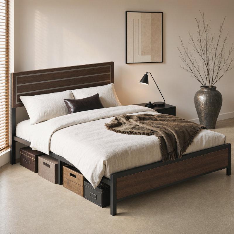 Cadre de lit plateforme avec tête de lit, style rétro moderne du milieu du siècle, rangement sous le lit, sommier à lattes métalliques robustes