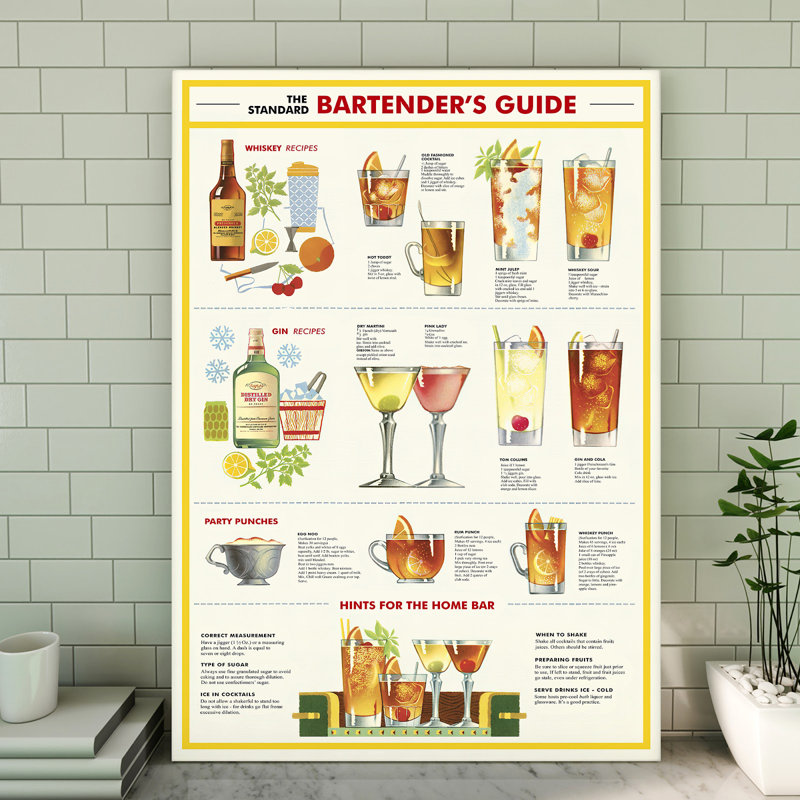 «Bartender's Guide Gallery», toile tendue - décor de nourriture et de boissons, décoration intérieure brune et verte