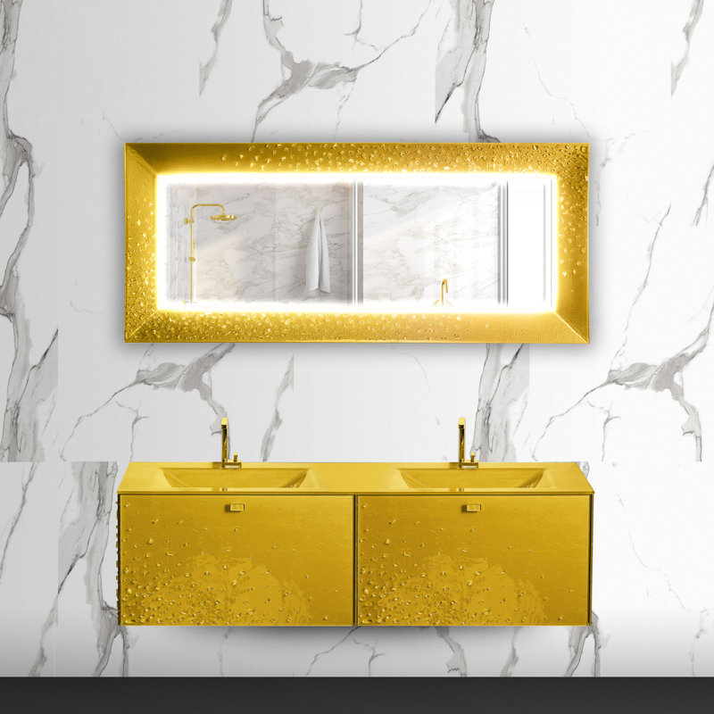 Della Rectangle Glass Lighted Mirror, 66.1" x 28.7", Gold