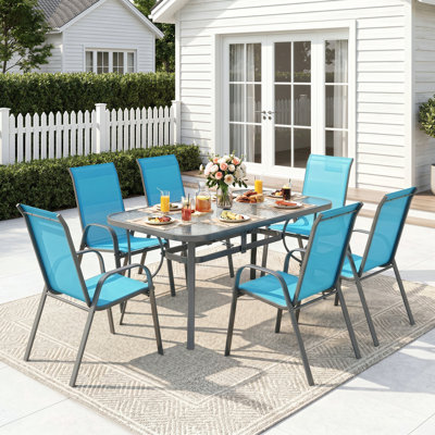 Patio Dining Set For 6, Outdoor Table And Chairs With 1.69″ Umbrella Hole, All Weather Patio Furniture Set, 30"X 55" Table And Stackable PVC-coated polyester Chair, For Lawn, Deck (Umbrella Not Included) (Gray Table and Sky Blue chairs)