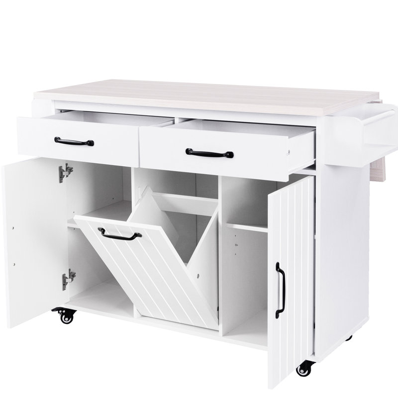Style Kitchen Island With Trash Can Holder, Foldable Drop Leaf, Adjustable Shelves, White Modern Drawer, Tilt-Out Garbage Container -