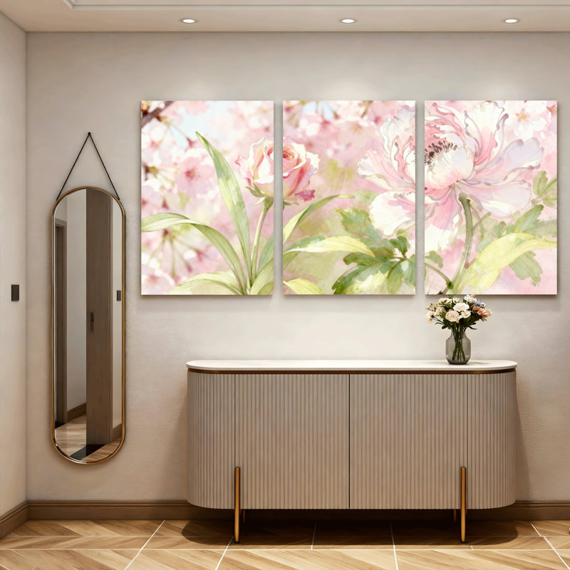«Pastel Floral», reproduction d'art sur toile tendue à l'aquarelle, roses et pivoines roses (ensemble de 3)
