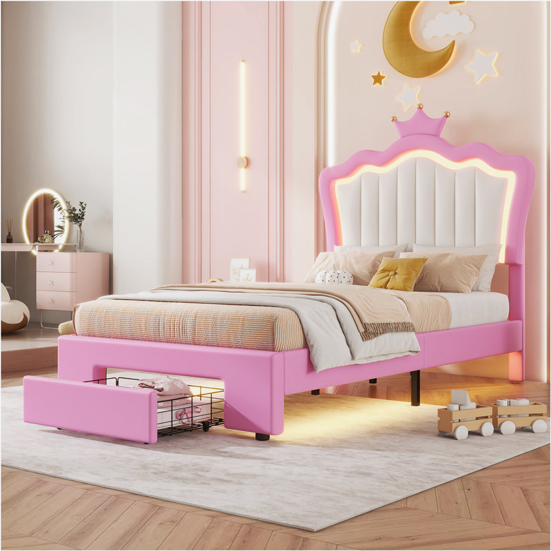 Upholstered Bed Frame with LED Lights, Modern Upholstered Princess Bed, Twin