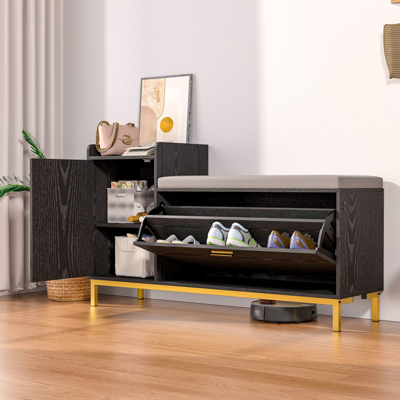 Molinar Entryway Shoe Storage Bench, 8-Pair Shoe Organizer with Adjustable Shelf & Seating, Flip Down Bench Shoe Storage Rack Industrial Style Shoe Storage Furniture for Hallway, Mudroom, Closet