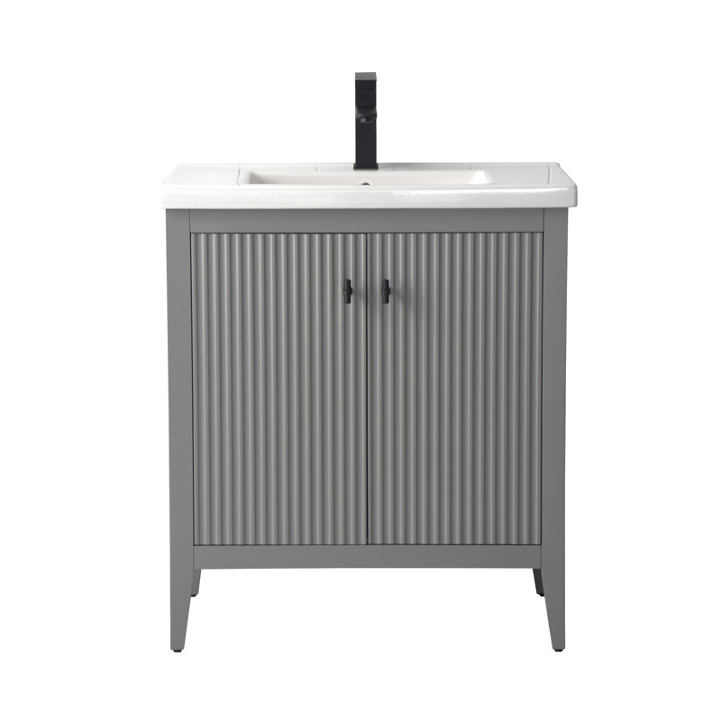 Meuble-lavabo simple pour la salle de bain avec plateau en céramique, Noir mat, Gris cachemire linéaire, 30"