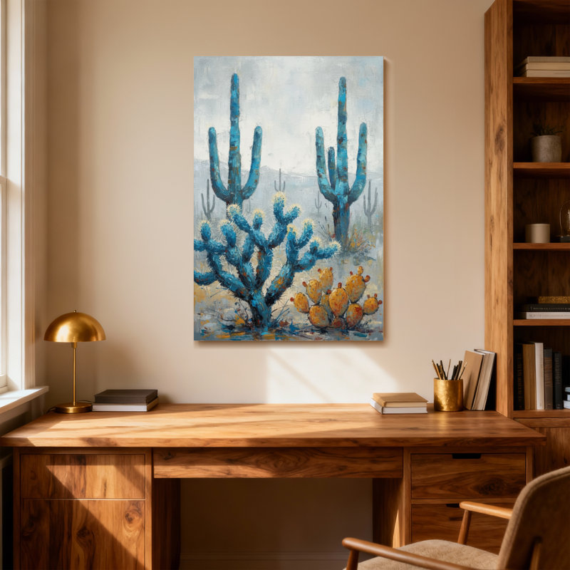 «Plants & Flowers Blue Cactus Desert Landscape», reproduction d'art, H 36 po x l 24 po
