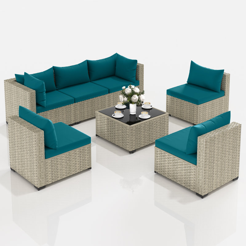 7 Pieces Rattan Patio Conversation Sets With Cushions, Peacock Blue