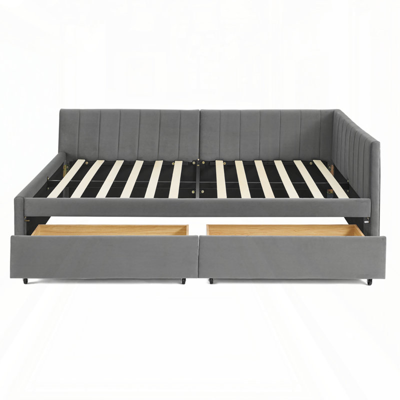 Full Size Upholstered Tufted Bed Frame with Drawers, Gray