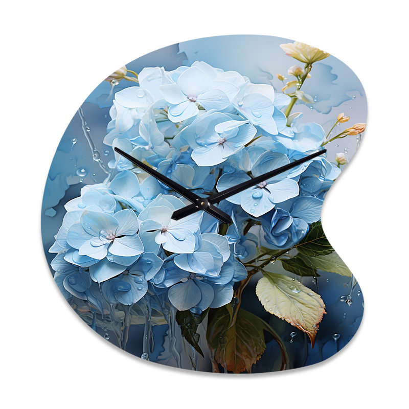 Blue Hydrangea Subtle Serenade - Hydrangea asymétrique horloge murale en métal, impression d'horloge murale bleue, Grand