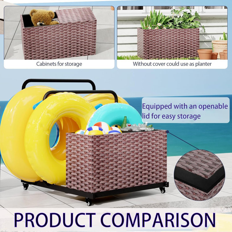 Chariot de rangement flottant pour piscine extérieure avec roulettes, serviette imperméable et range-coussin