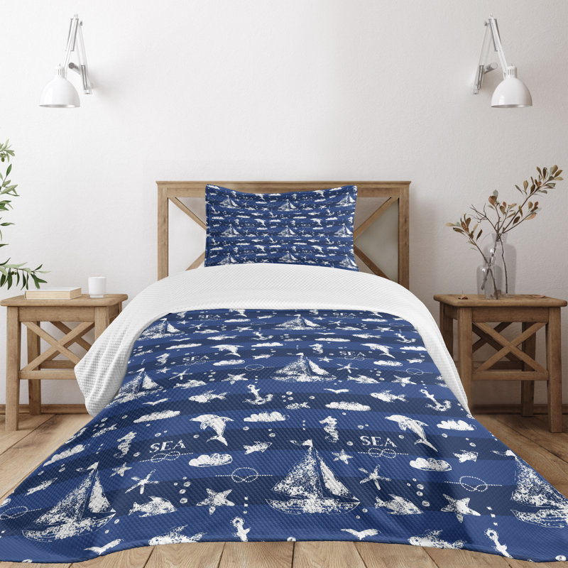 Navy Blue Quilted Twin Bedspread Set with Nautical Design