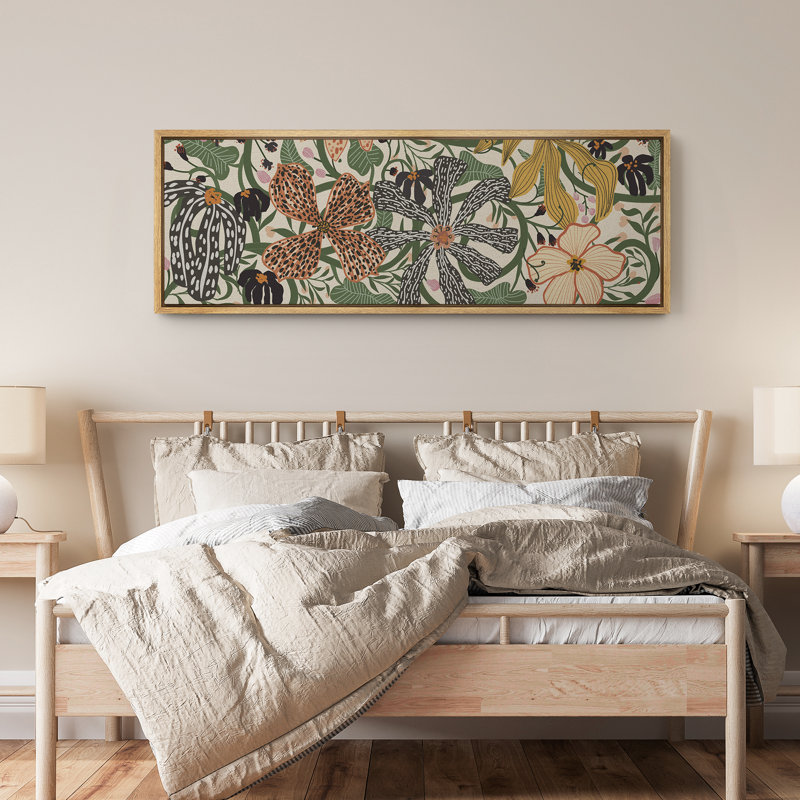 Abstract Green Botanical Flower Art Mid Century Modern Boho Wall Art Horizontal Art Decor, 20" H x 60" W, Natural
