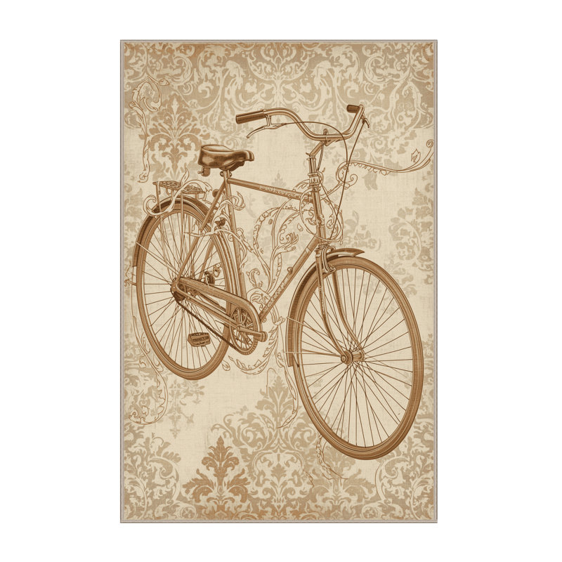 Machine Washable Vehicles And Transportation Vintage Bicycle Vintage Damask Rug in Beige – Beige Binding, 7x9