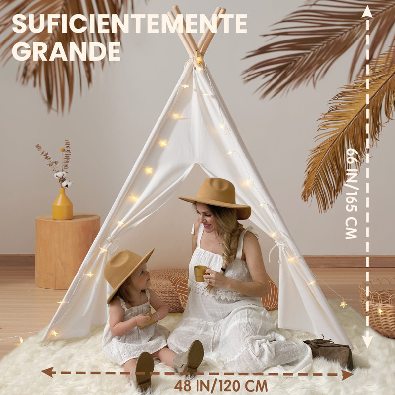 White Cotton Kids Teepee Tent with Pine Poles and Lights