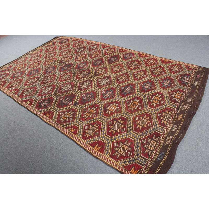 Grand tapis kilim turc brodé rétro en brun - idéal pour la décoration de chambre à coucher