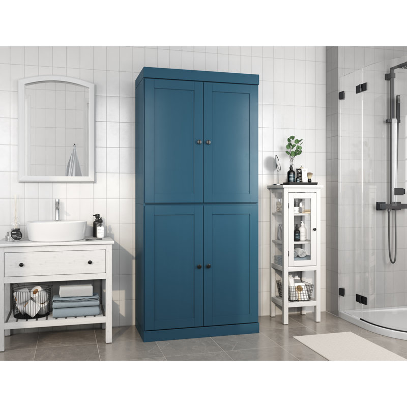 100% Solid Wood 32" Bathroom Storage Cabinet with Shaker Doors & Adjustable Shelves, Teal Blue