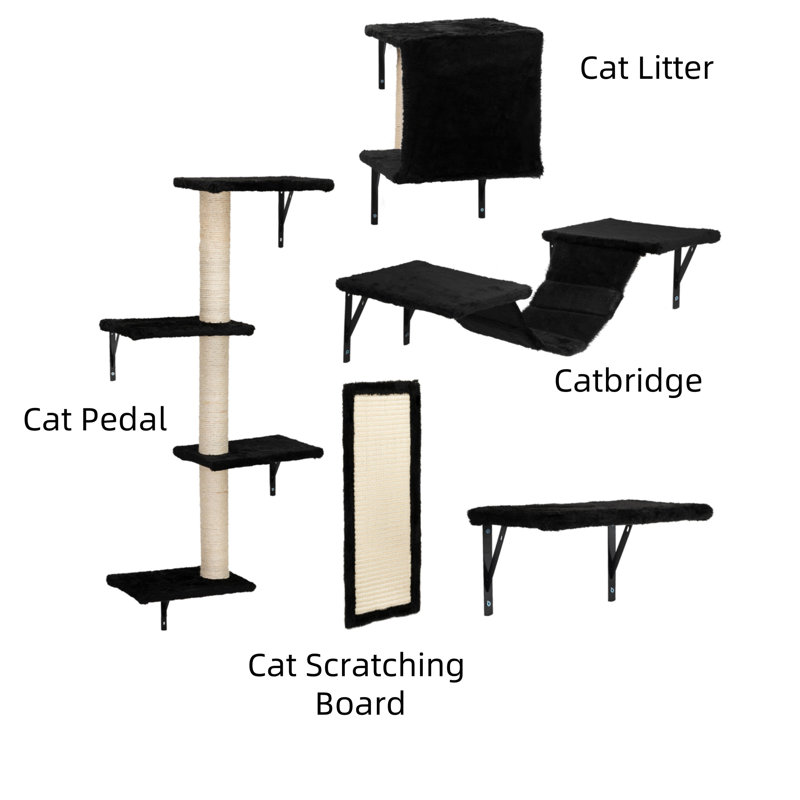 5 pièces de mobilier d'intérieur pour arbre à chat avec planche à gratter, litière, perchoir et pont, Noir