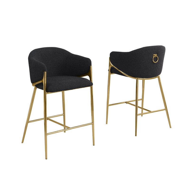 Tabourets de bar en tissu Teddy Boucle, Tabouret de comptoir (siège d'une hauteur de 26 p, Siège noir / cadre doré