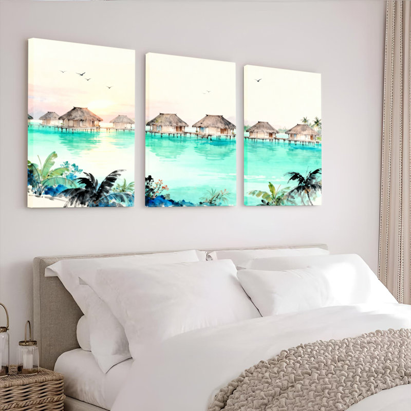 Ensemble de 3 toiles murales imprimées représentant des bungalows tropicaux à l'aquarelle, H 30 po x l 60 po