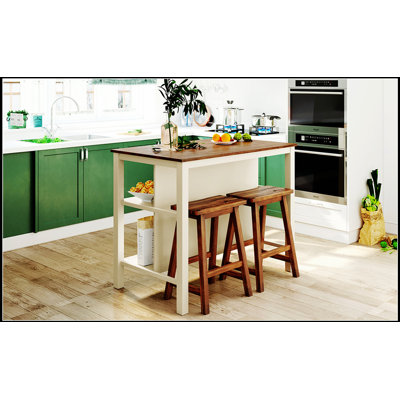Solid Wood Rustic 3-Piece 45 Inch Stationary Kitchen Island Set With Two Seatings, Durable And Low Maintenance