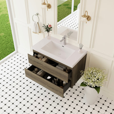 Meuble-lavabo de 91 cm avec lavabo, tiroirs à fermeture douce en résine blanche brillante, gris cendré, entretien facile et économique.