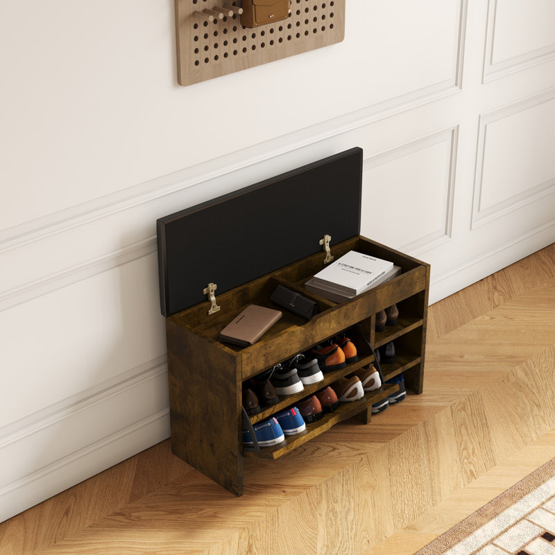 Banc, tabouret à chaussures avec coussin confortable, banc d'entrée, Noir / brun