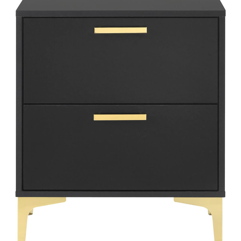 Table de chevet noire et dorée avec 2 tiroirs spacieux, Noir