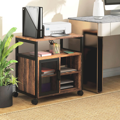 Table d'imprimante mobile avec douille, brun rustique. Gardez le bureau bien rangé et organisé. Tablettes réglables. Roulettes pour faciliter le déplacement. Roues verrouillables. Bureau de travail polyvalent