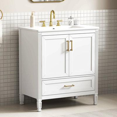 Meuble-lavabo cannelé élégant 30 po avec lavabo en céramique, boîte simple, pieds en bois massif, portes et tiroir à fermeture en douceur, tablette de porte, blanc