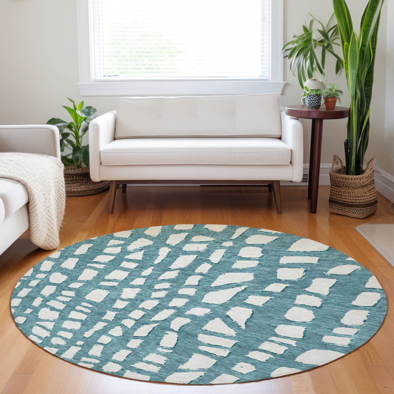 Premium Machine Washable Prisco Teal Rug, Round 8'